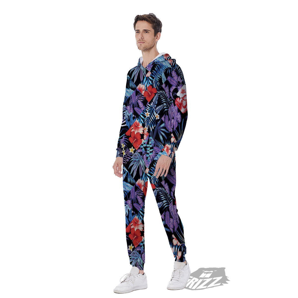 Patchwork Tropical Watercolor Print Pattern Men's Jumpsuit-grizzshop