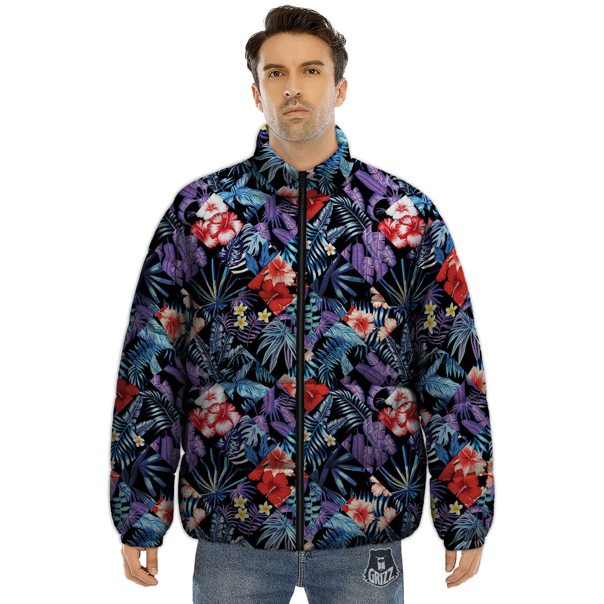 Patchwork Tropical Watercolor Print Pattern Puffer Jacket-grizzshop