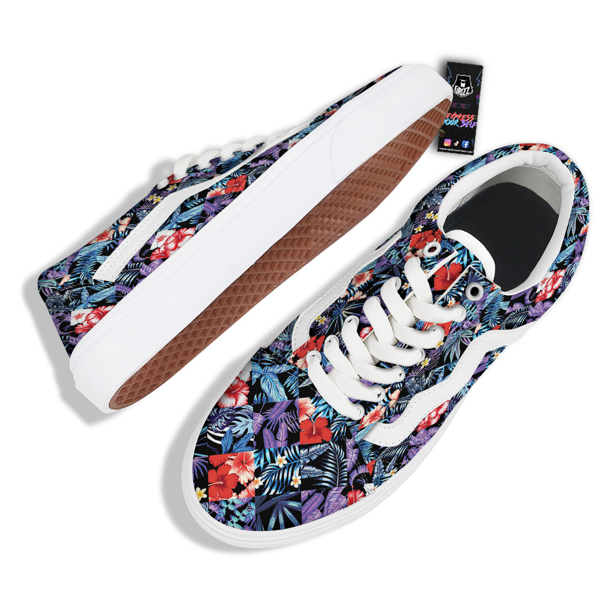 Patchwork Tropical Watercolor Print Pattern Skate Shoes-grizzshop