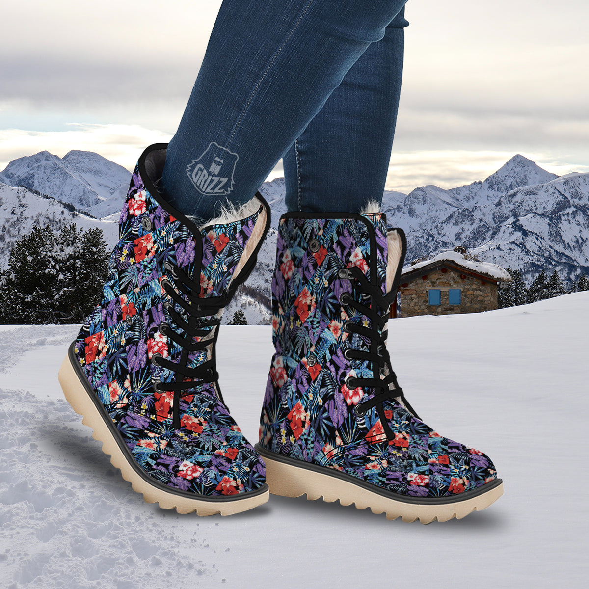 Patchwork Tropical Watercolor Print Pattern Snow Boots-grizzshop