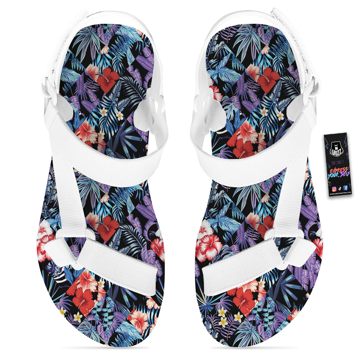 Patchwork Tropical Watercolor Print Pattern White Open Toe Sandals-grizzshop