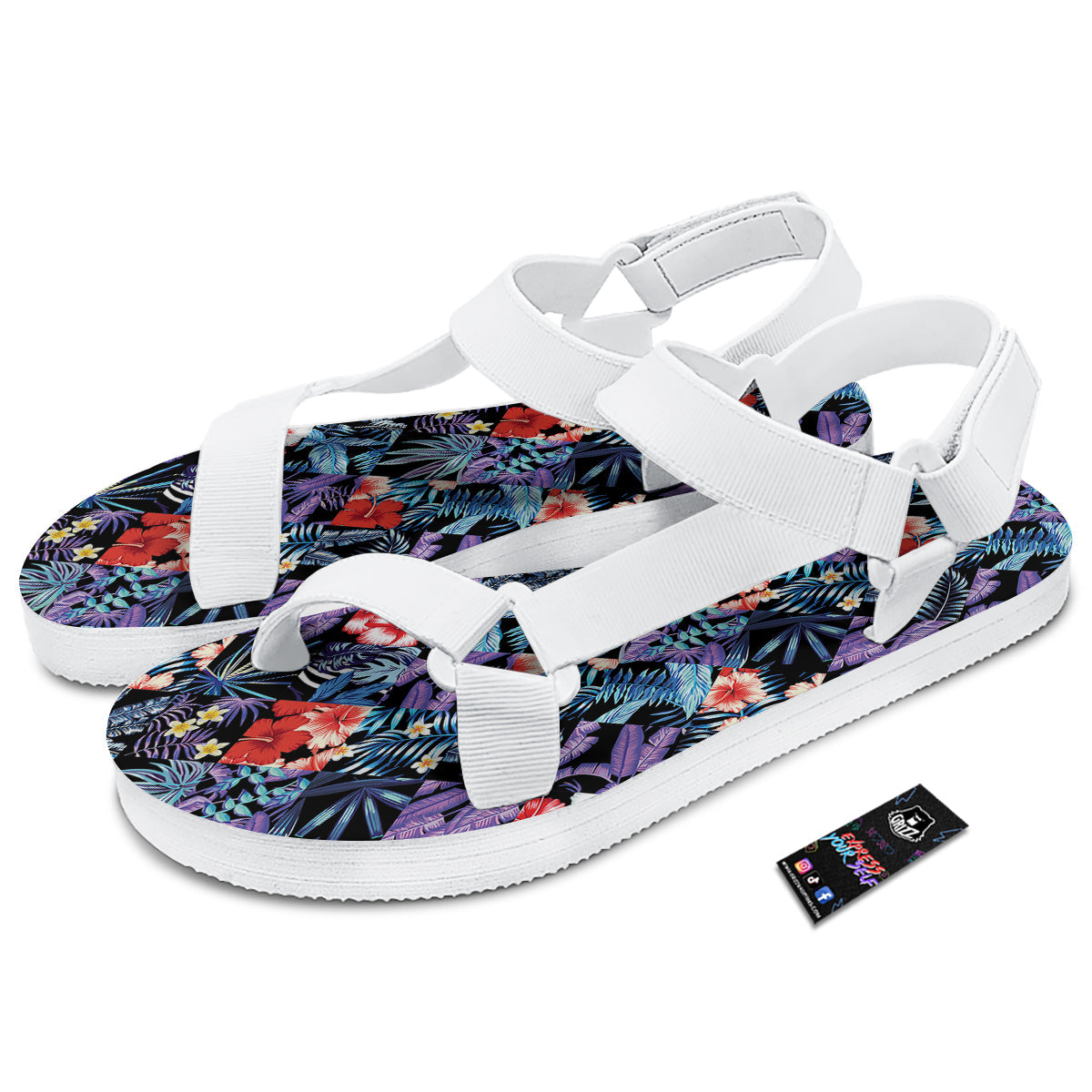 Patchwork Tropical Watercolor Print Pattern White Open Toe Sandals-grizzshop