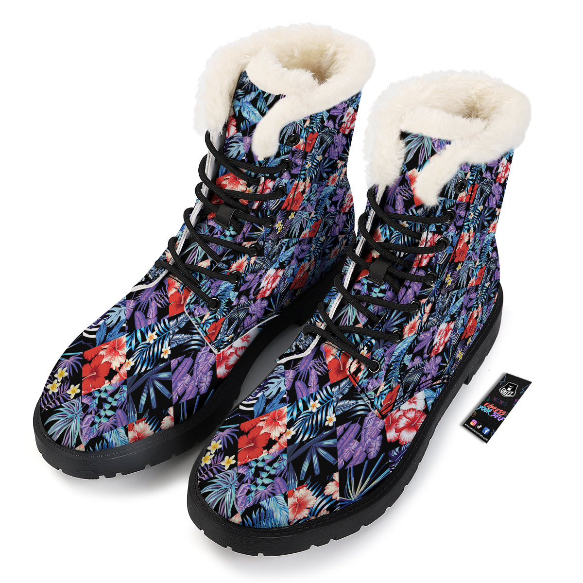 Patchwork Tropical Watercolor Print Pattern Winter Boots-grizzshop