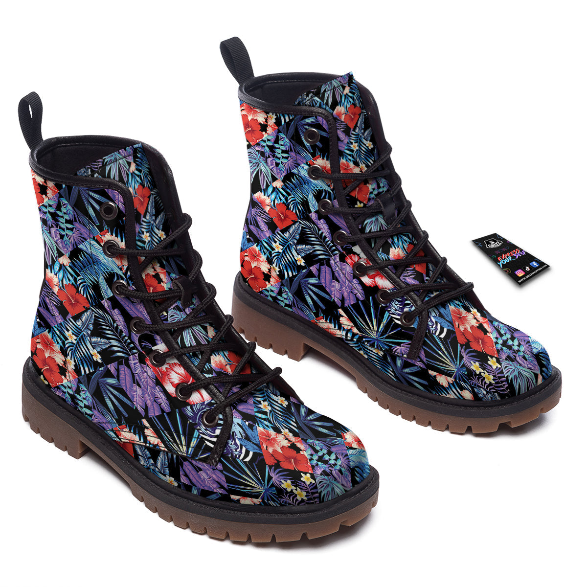 Patchwork Tropical Watercolor Print Pattern Work Boots-grizzshop