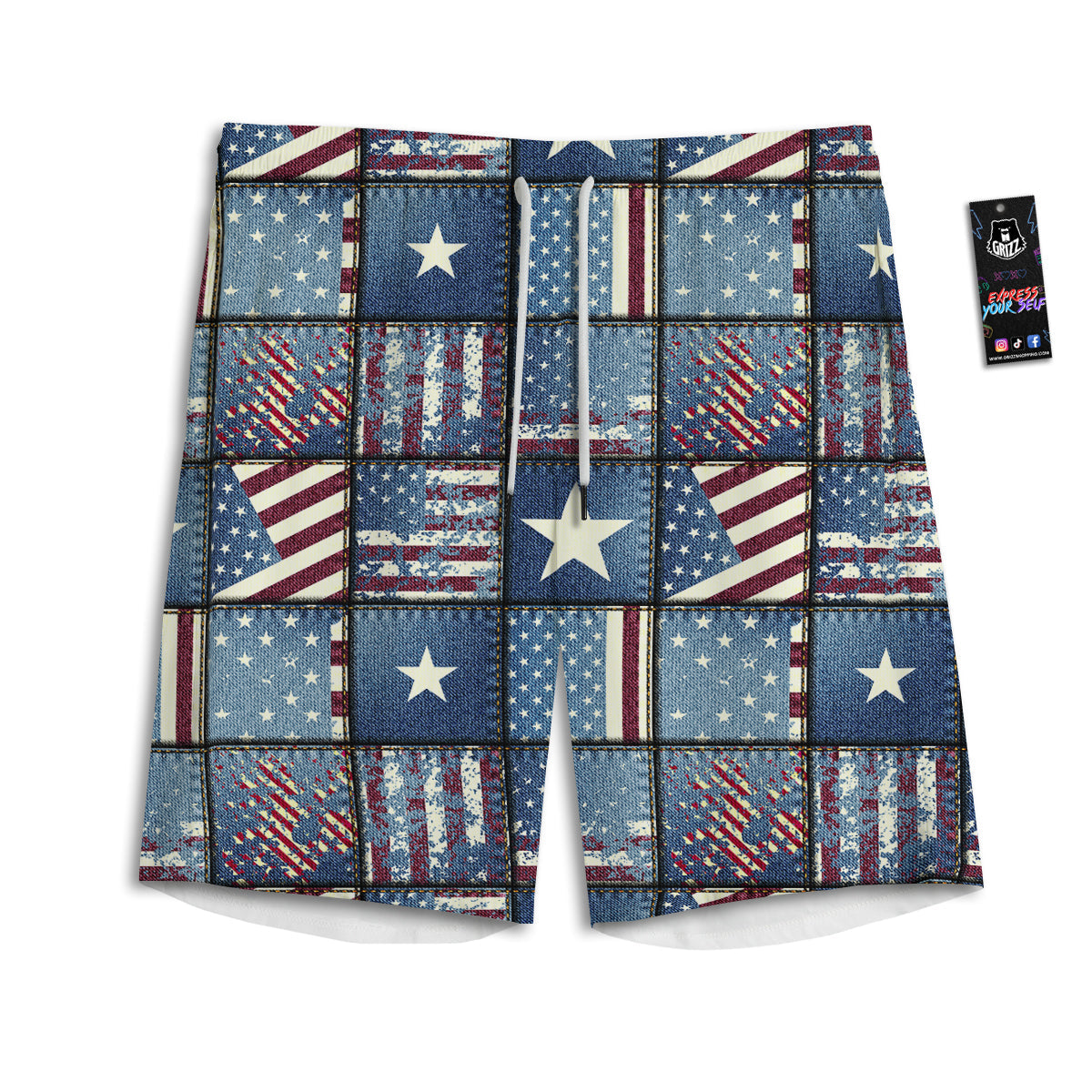 Patchwork USA Denim Print Pattern Men's Athletic Shorts