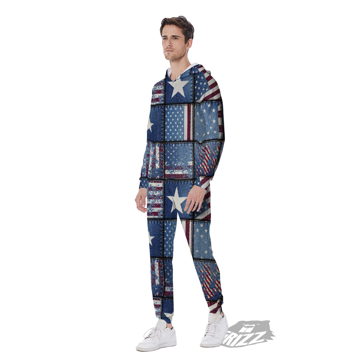 Patchwork USA Denim Print Pattern Men's Jumpsuit-grizzshop