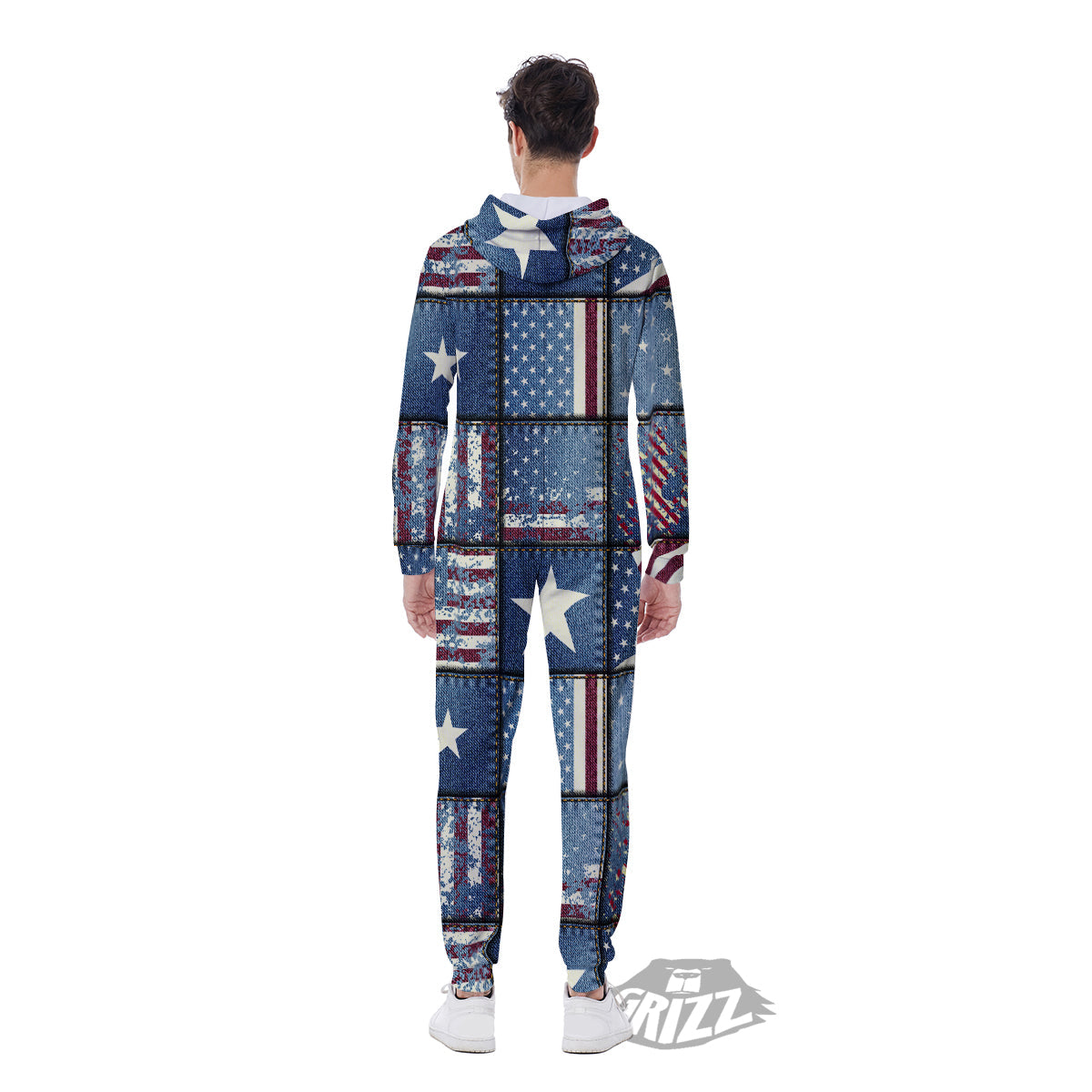 Patchwork USA Denim Print Pattern Men's Jumpsuit-grizzshop