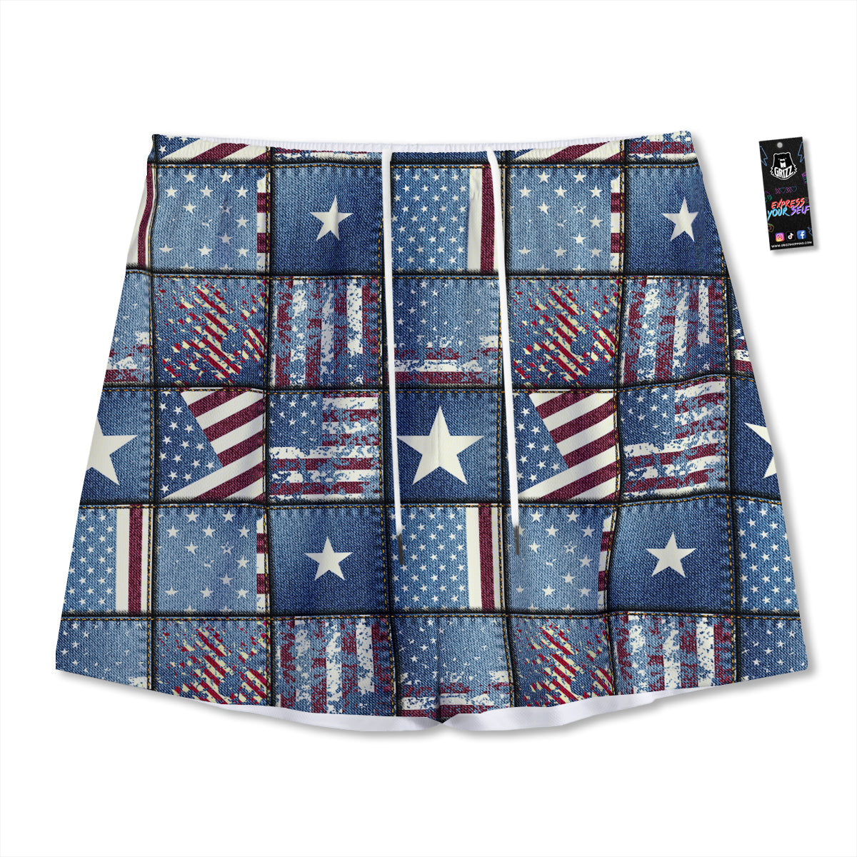 Patchwork USA Denim Print Pattern Mesh Shorts