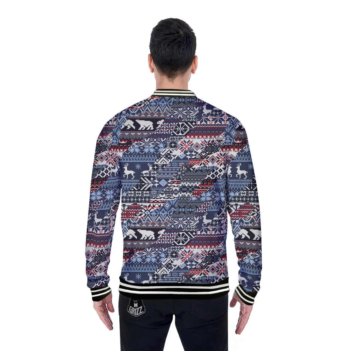 Patchwork Ugly Snowflake And Knitted Print Pattern Baseball Jacket-grizzshop