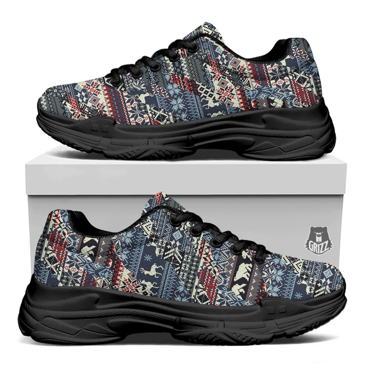 Patchwork Ugly Snowflake And Knitted Print Pattern Black Chunky Shoes-grizzshop