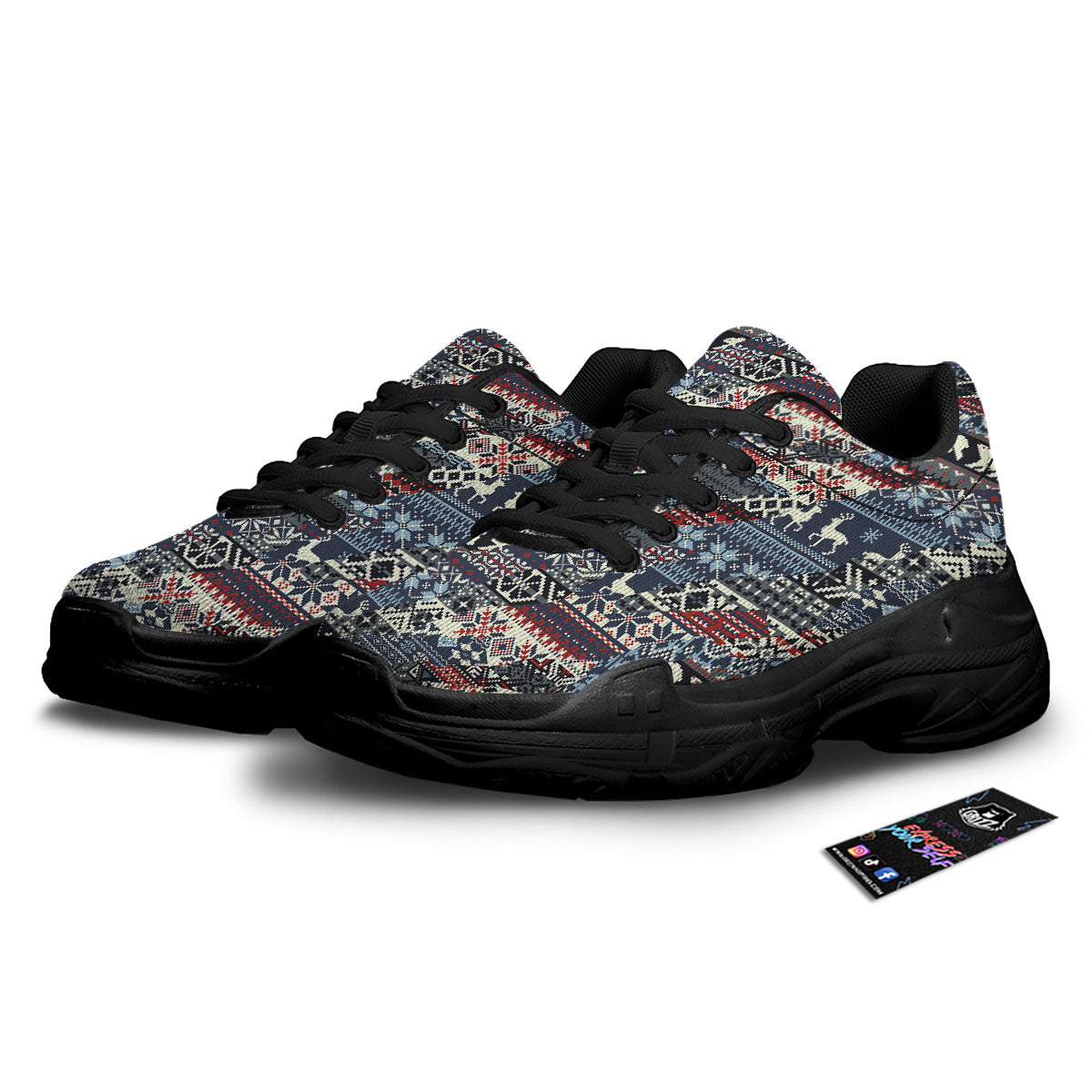Patchwork Ugly Snowflake And Knitted Print Pattern Black Chunky Shoes-grizzshop