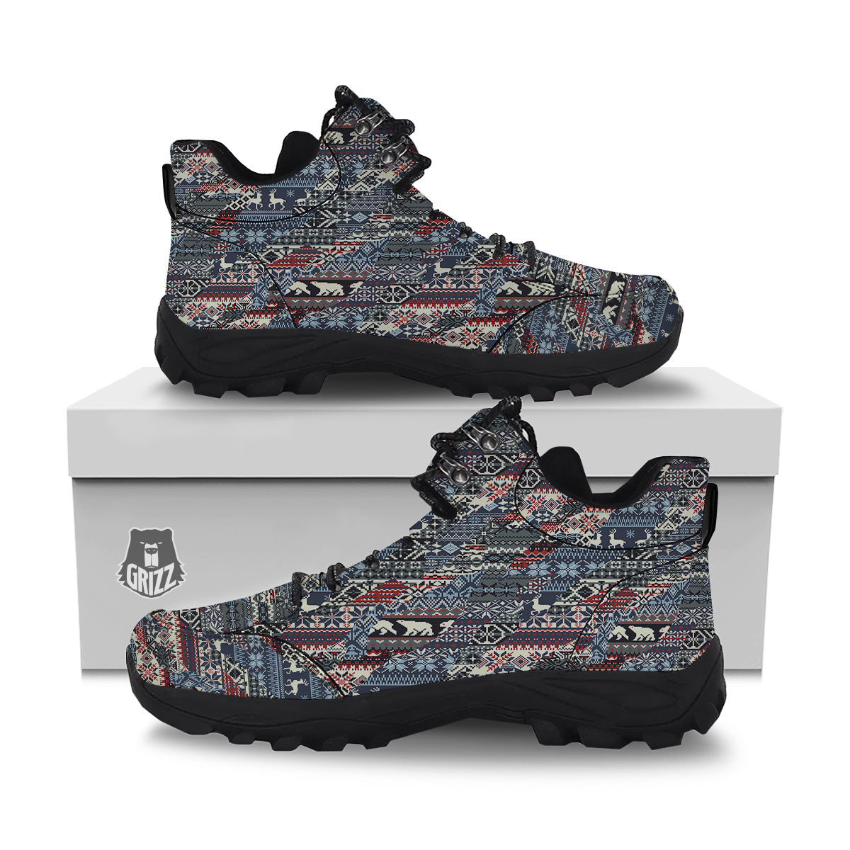 Patchwork Ugly Snowflake And Knitted Print Pattern Hiking Shoes-grizzshop