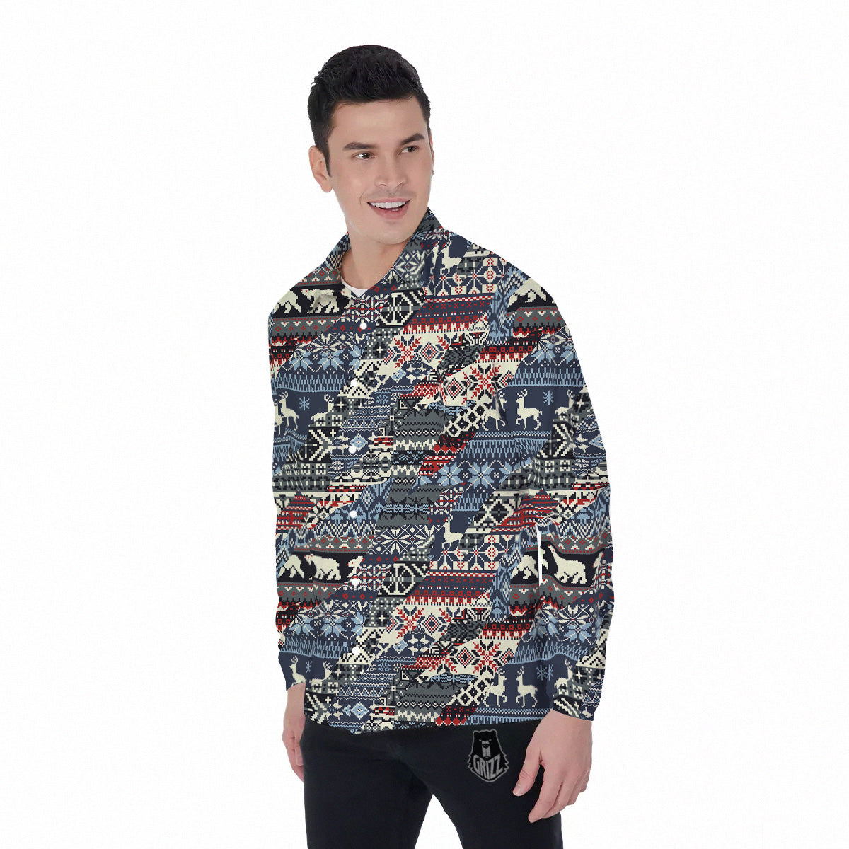 Patchwork Ugly Snowflake And Knitted Print Pattern Men's Long Sleeve Shirts-grizzshop