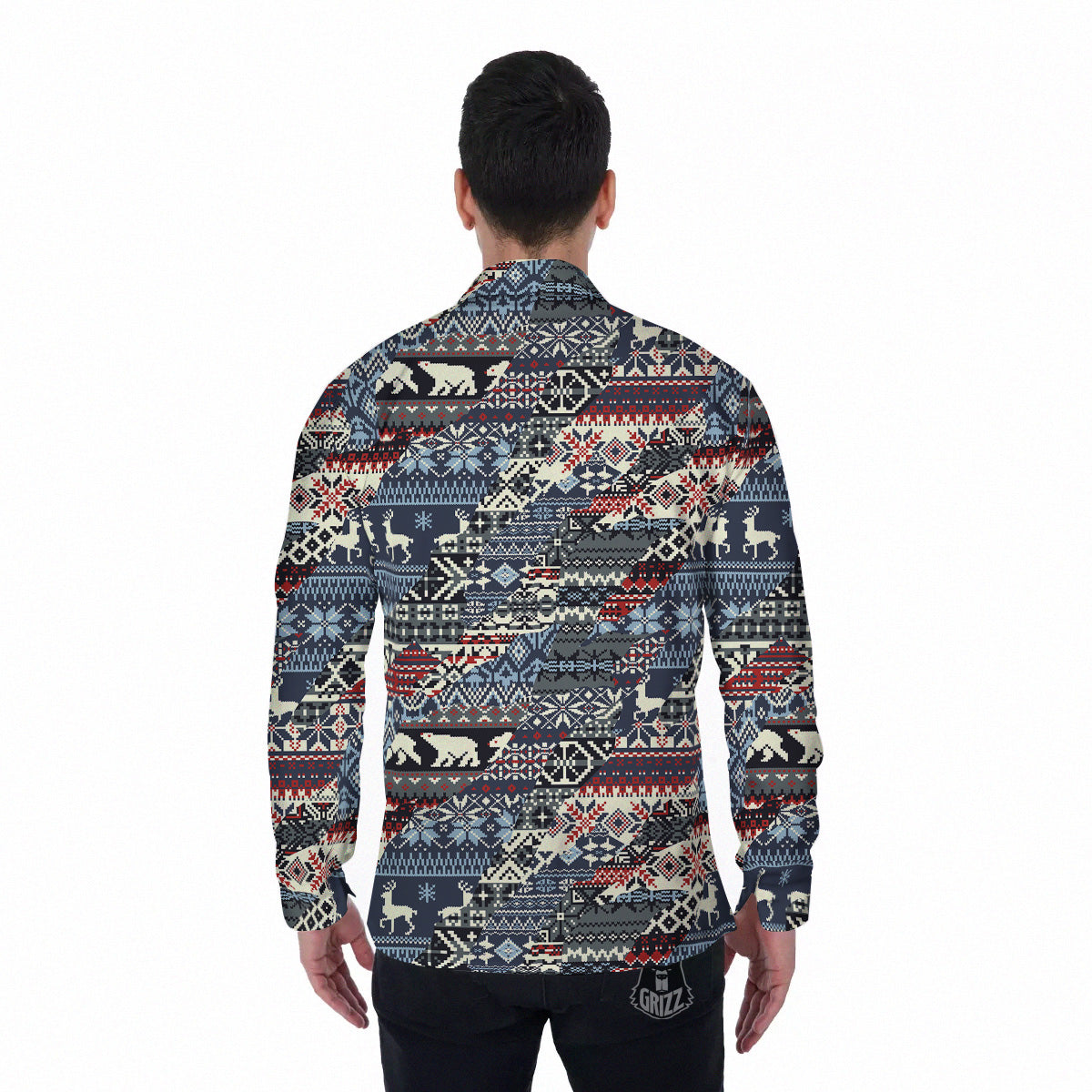 Patchwork Ugly Snowflake And Knitted Print Pattern Men's Long Sleeve Shirts-grizzshop