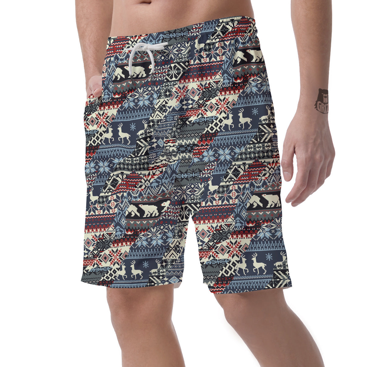 Patchwork Ugly Snowflake And Knitted Print Pattern Men's Shorts-grizzshop