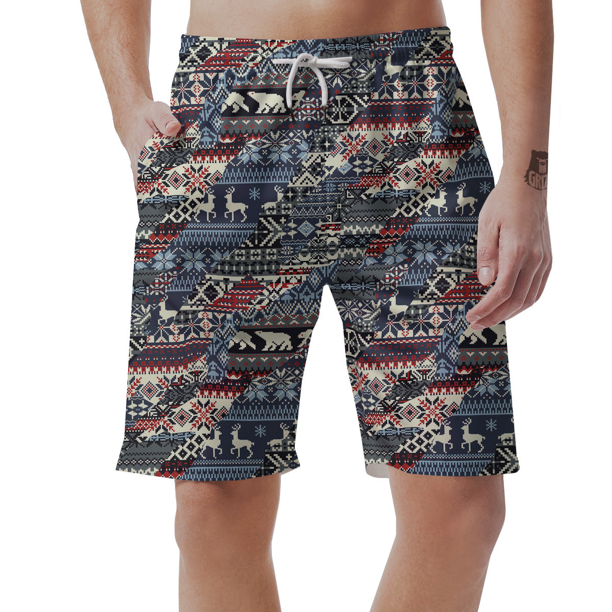 Patchwork Ugly Snowflake And Knitted Print Pattern Men's Shorts-grizzshop