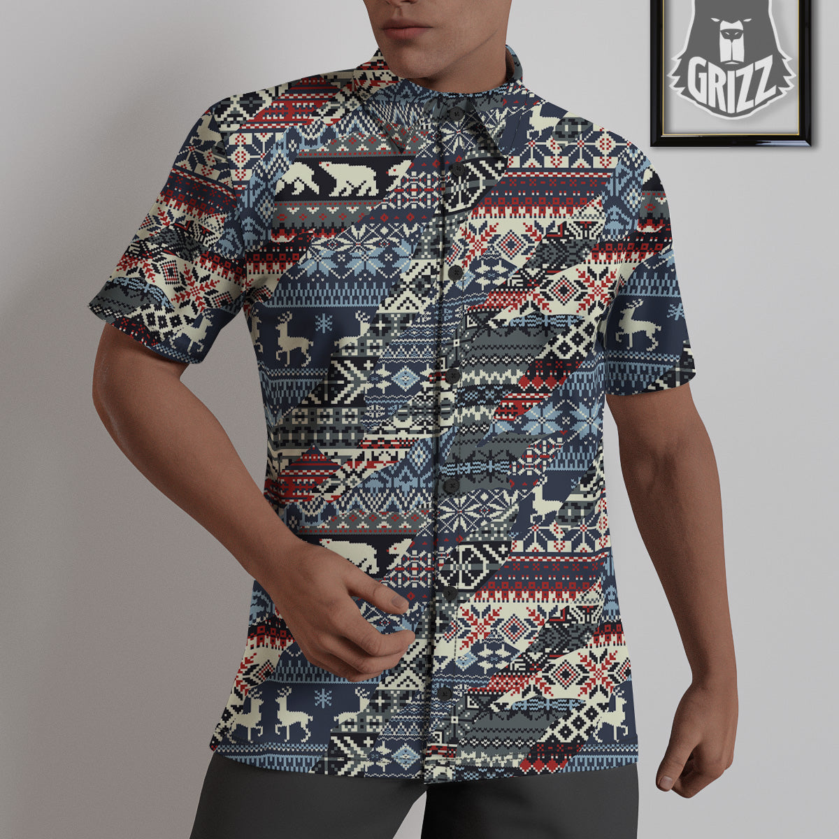 Patchwork Ugly Snowflake And Knitted Print Pattern Untucked Shirts-grizzshop