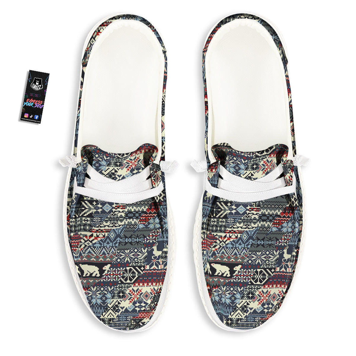 Patchwork Ugly Snowflake And Knitted Print Pattern White Loafers-grizzshop