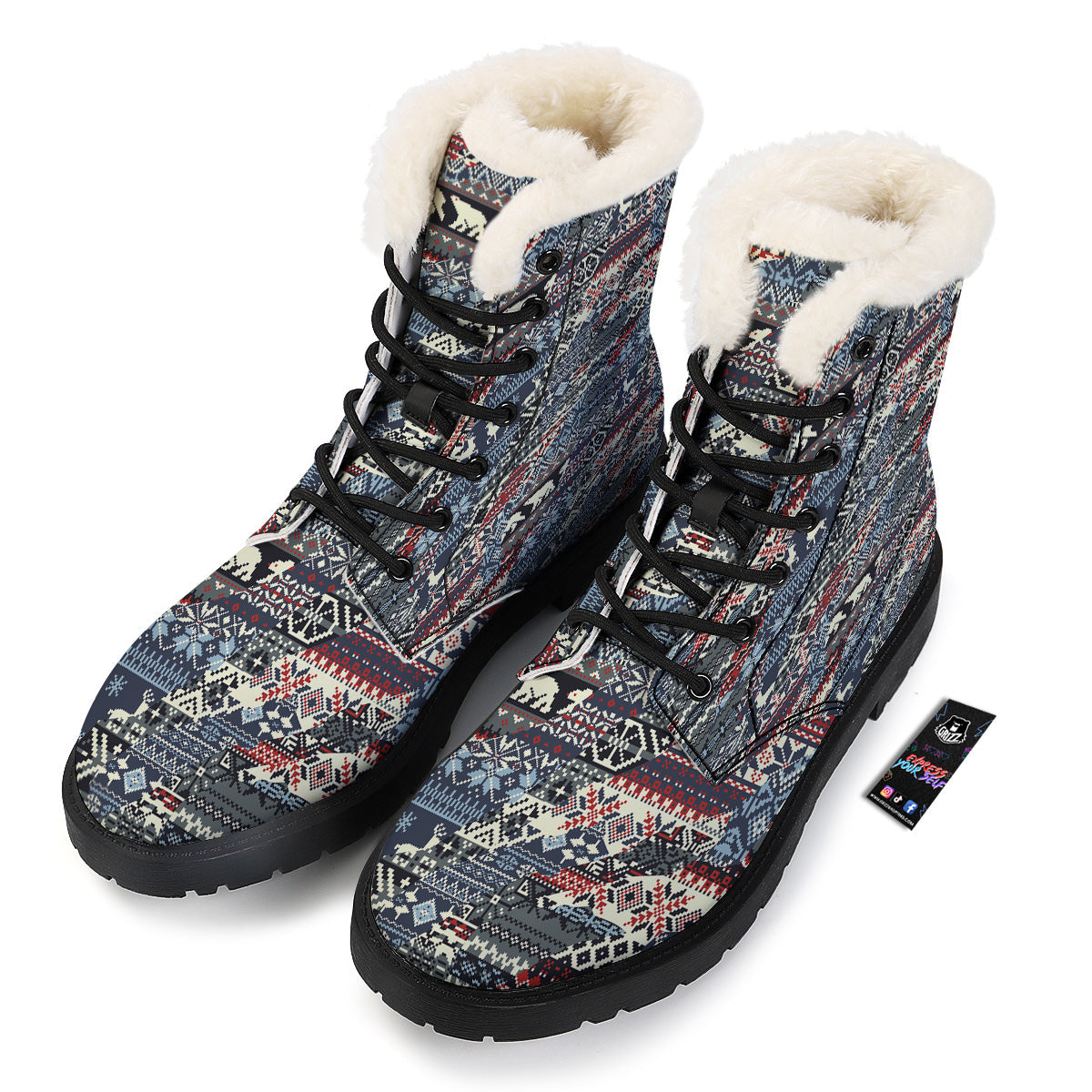 Patchwork Ugly Snowflake And Knitted Print Pattern Winter Boots-grizzshop