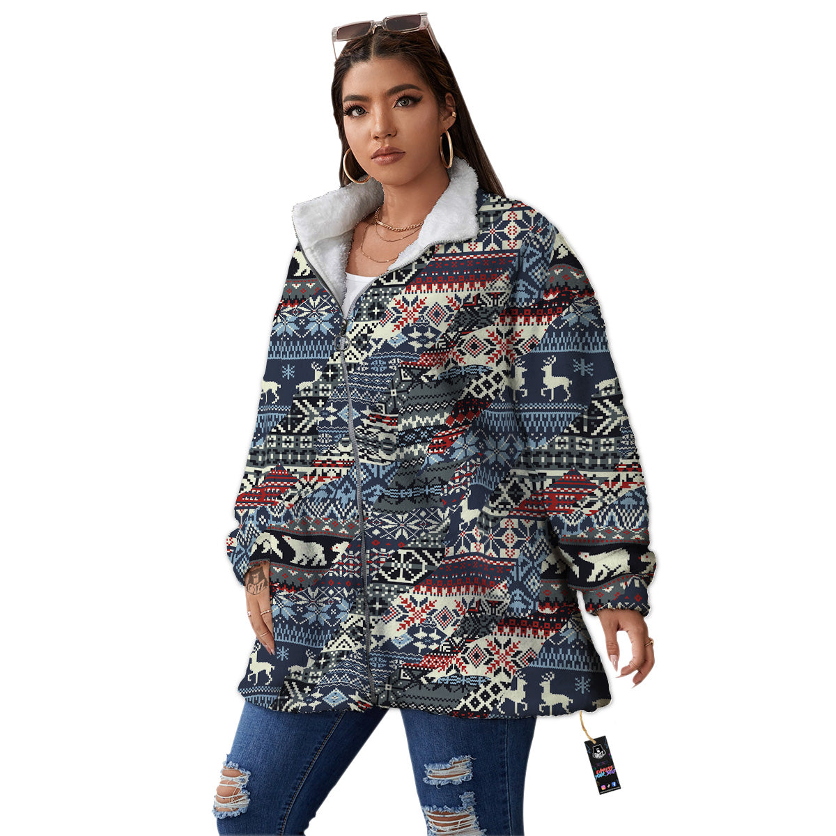 Patchwork Ugly Snowflake And Knitted Print Pattern Women's Sherpa Jacket-grizzshop