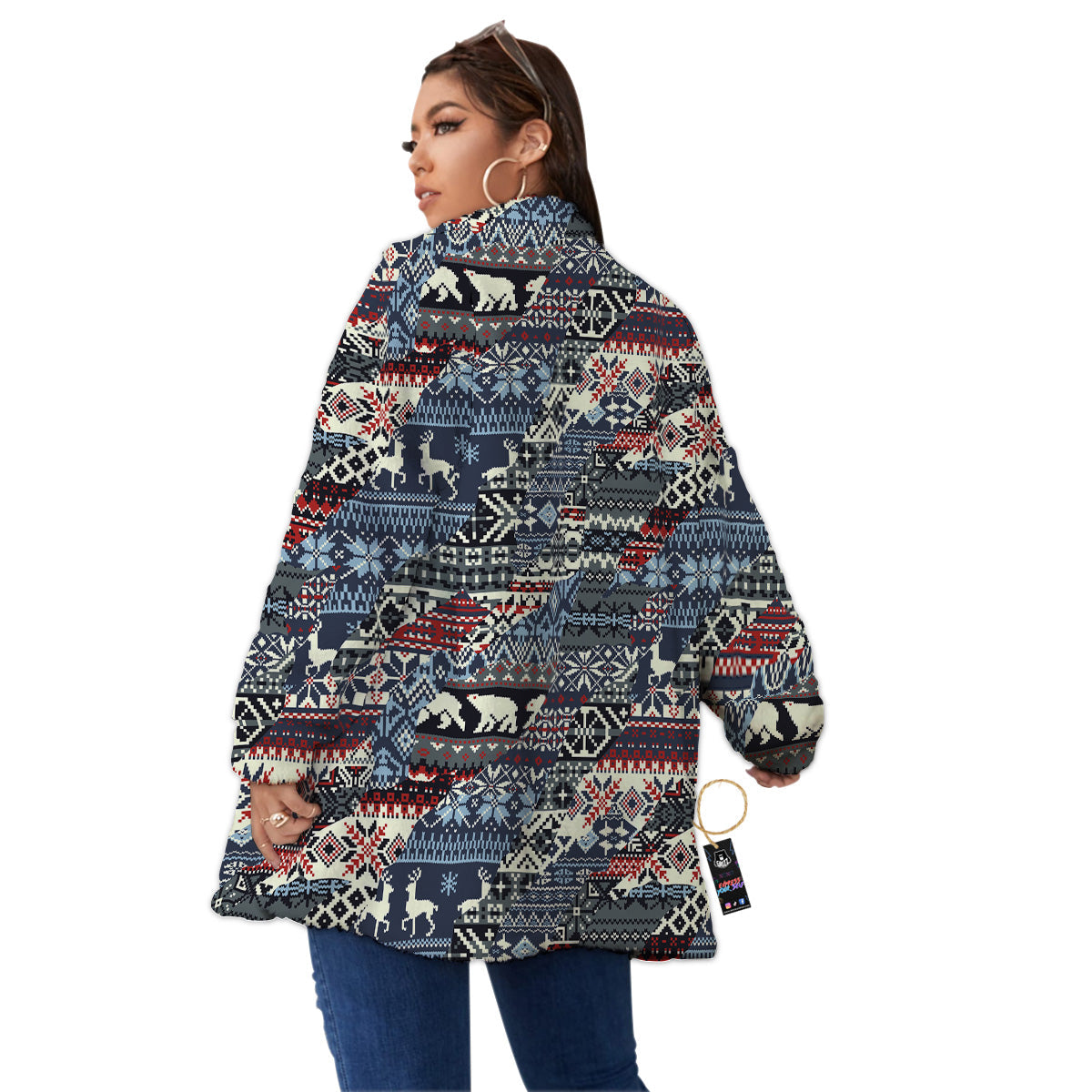 Patchwork Ugly Snowflake And Knitted Print Pattern Women's Sherpa Jacket-grizzshop