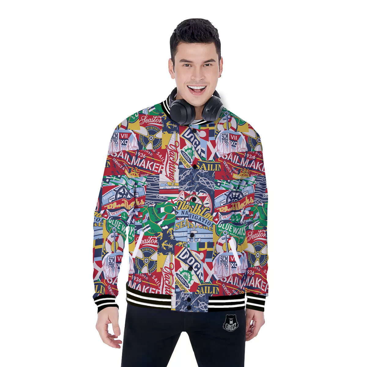 Patchwork Vintage Nautical Print Pattern Baseball Jacket-grizzshop