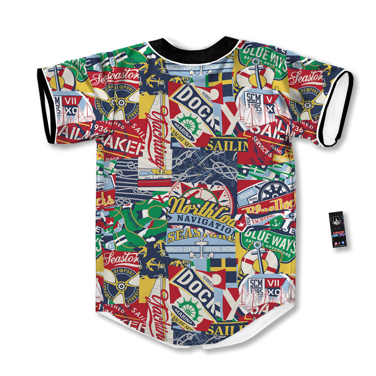 Patchwork Vintage Nautical Print Pattern Baseball Jersey-grizzshop