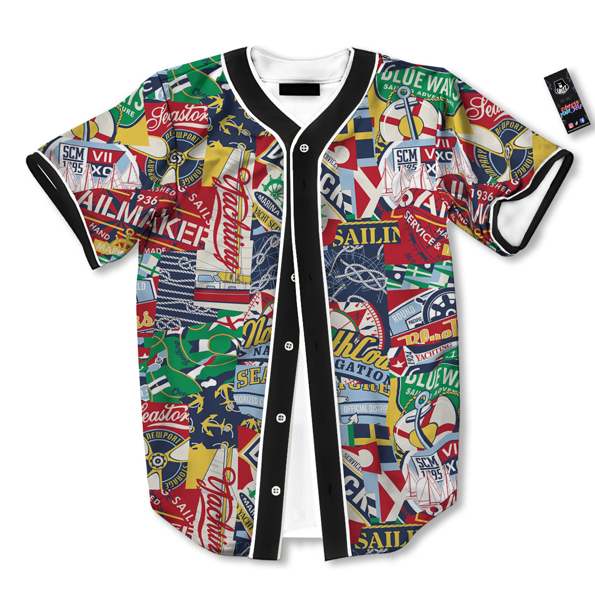 Patchwork Vintage Nautical Print Pattern Baseball Jersey-grizzshop