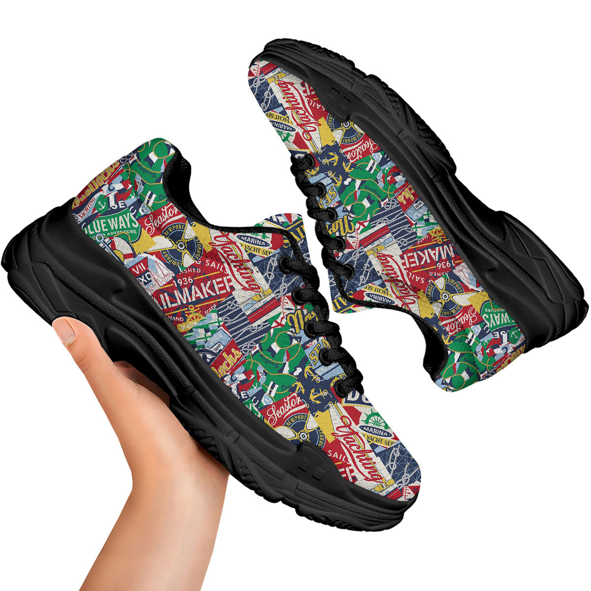 Patchwork Vintage Nautical Print Pattern Black Chunky Shoes-grizzshop