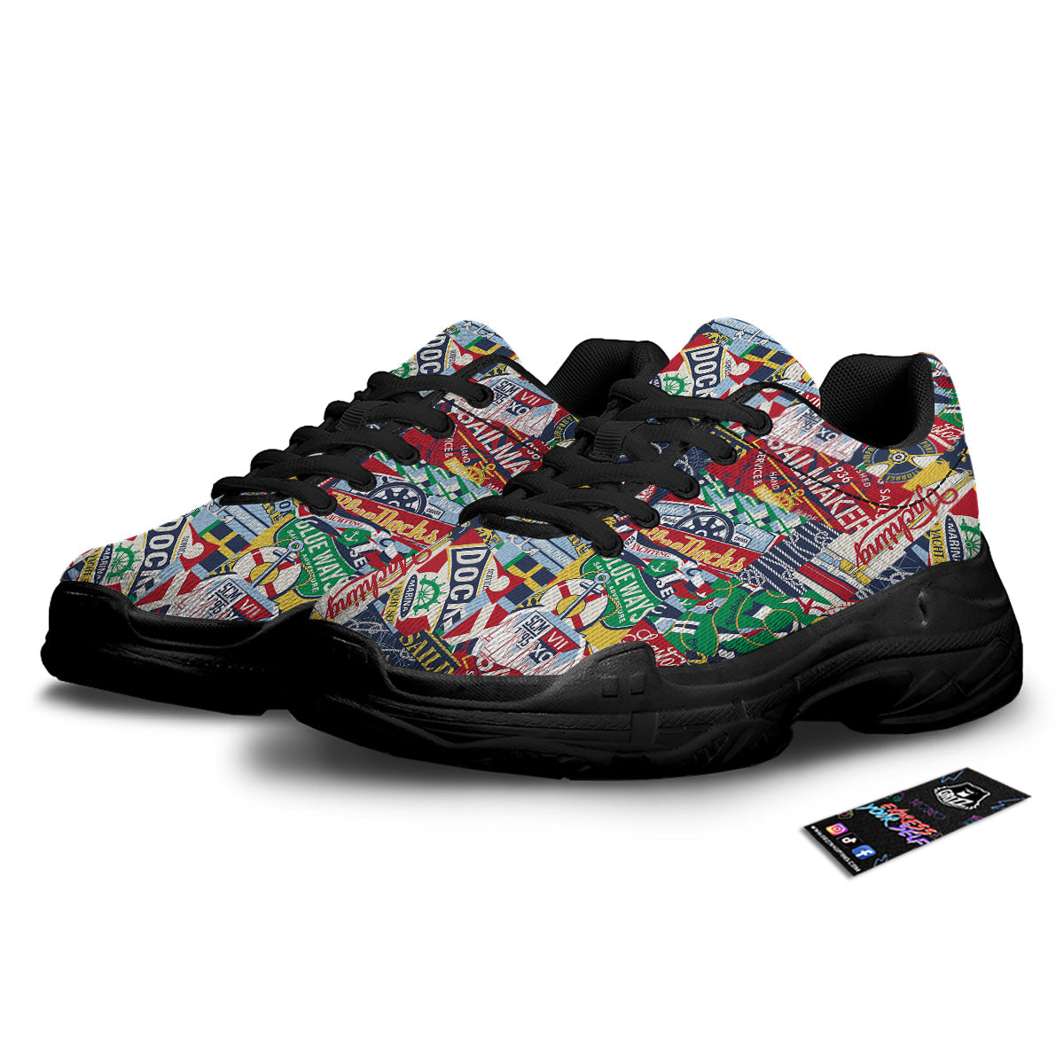 Patchwork Vintage Nautical Print Pattern Black Chunky Shoes-grizzshop