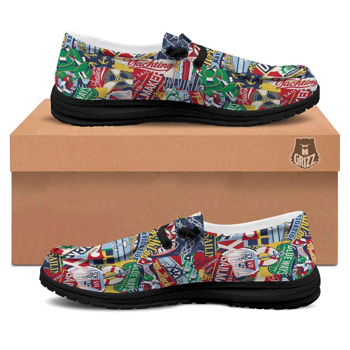 Patchwork Vintage Nautical Print Pattern Black Loafers-grizzshop