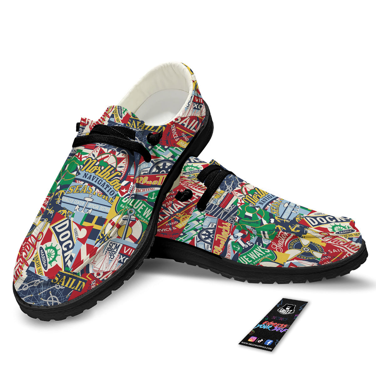 Patchwork Vintage Nautical Print Pattern Black Loafers-grizzshop