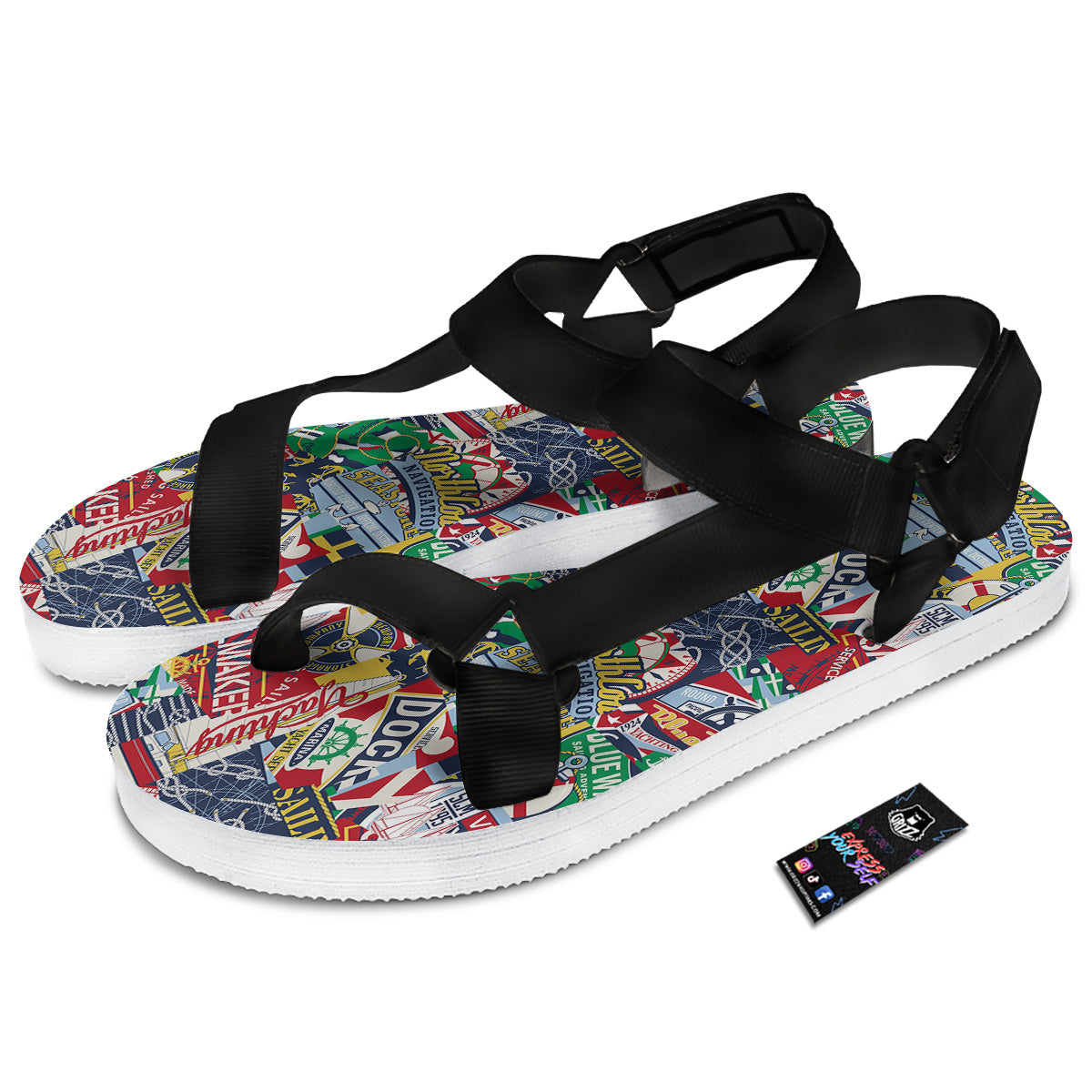 Patchwork Vintage Nautical Print Pattern Black Open Toe Sandals-grizzshop