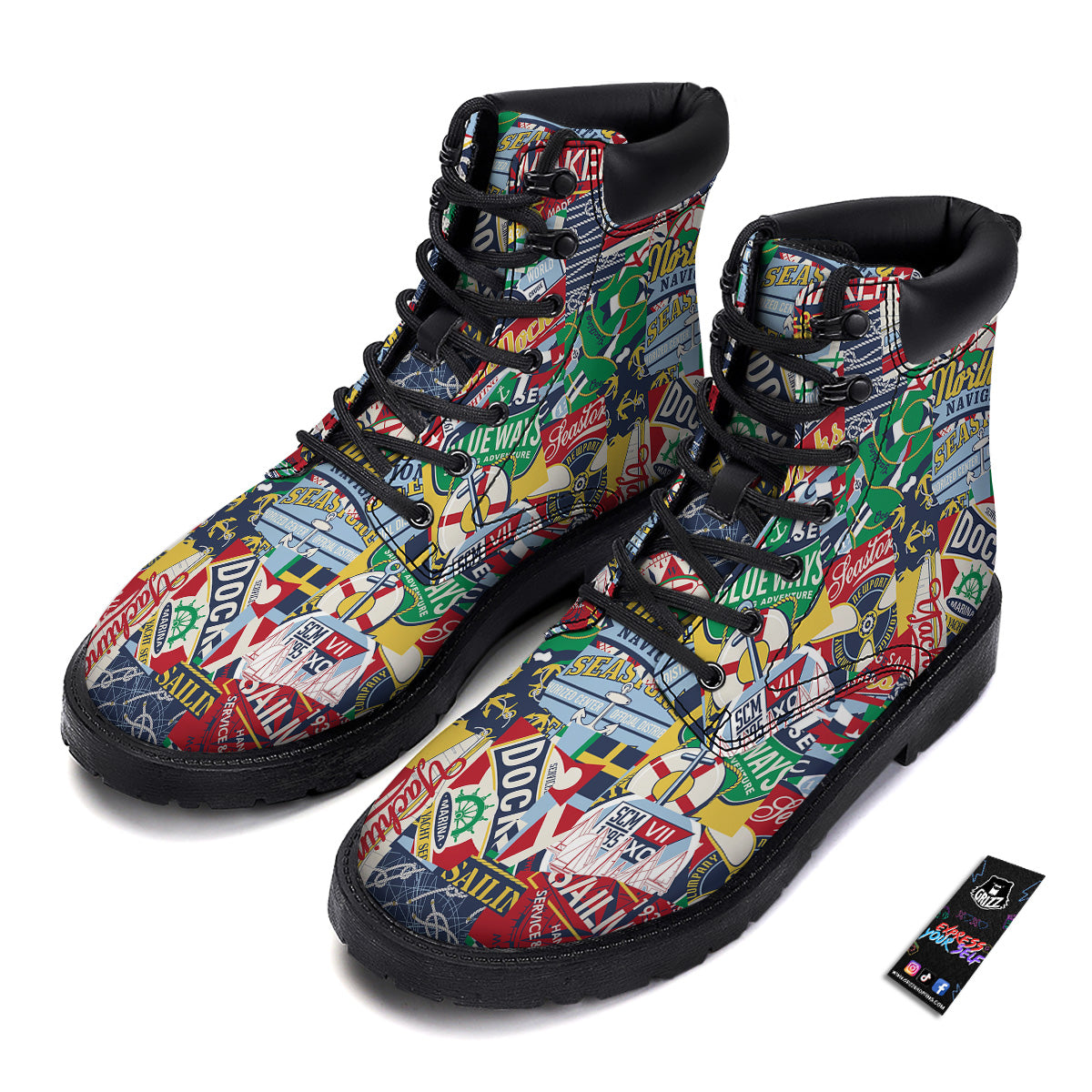 Patchwork Vintage Nautical Print Pattern Boots-grizzshop
