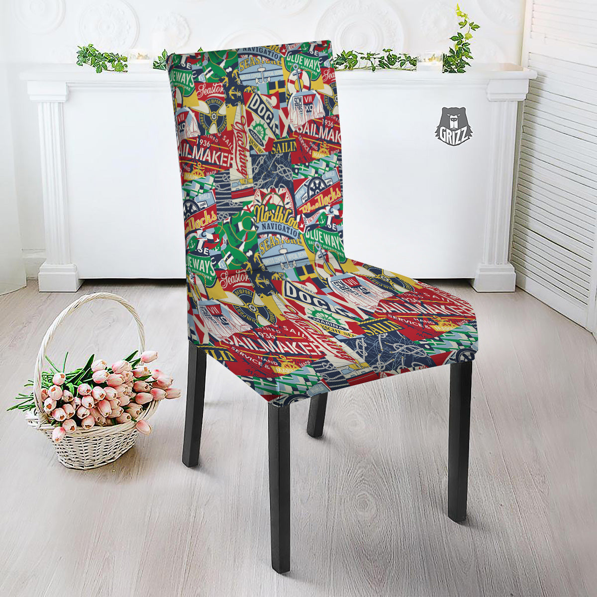 Patchwork Vintage Nautical Print Pattern Dining Chair Slipcover-grizzshop