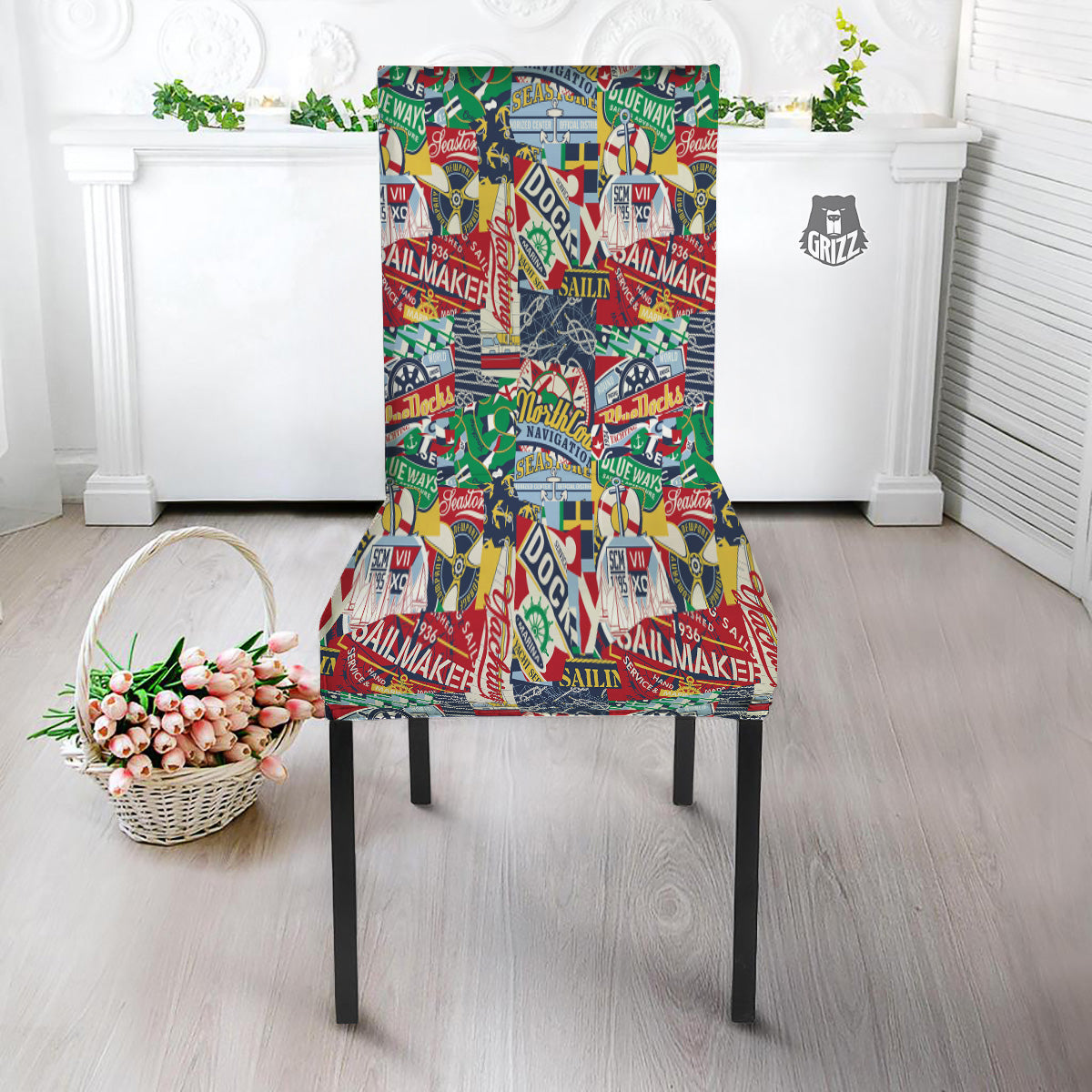 Patchwork Vintage Nautical Print Pattern Dining Chair Slipcover-grizzshop