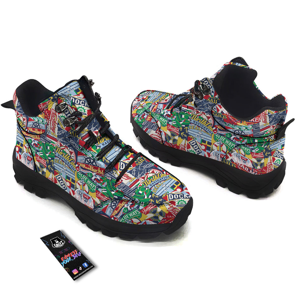 Patchwork Vintage Nautical Print Pattern Hiking Shoes-grizzshop