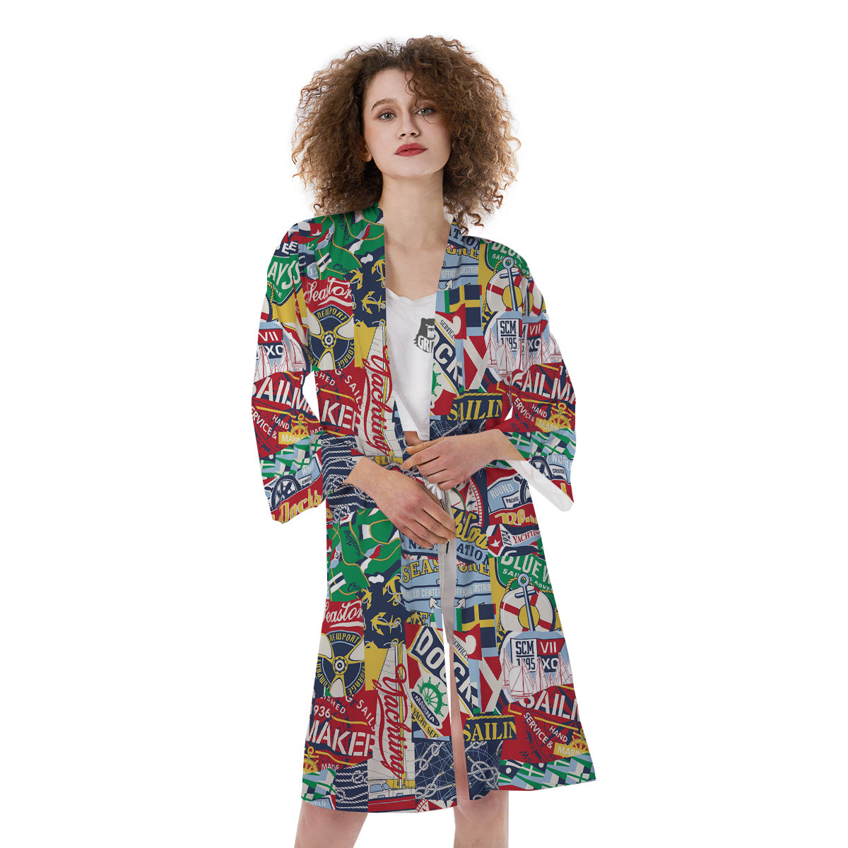 Patchwork Vintage Nautical Print Pattern Kimono-grizzshop