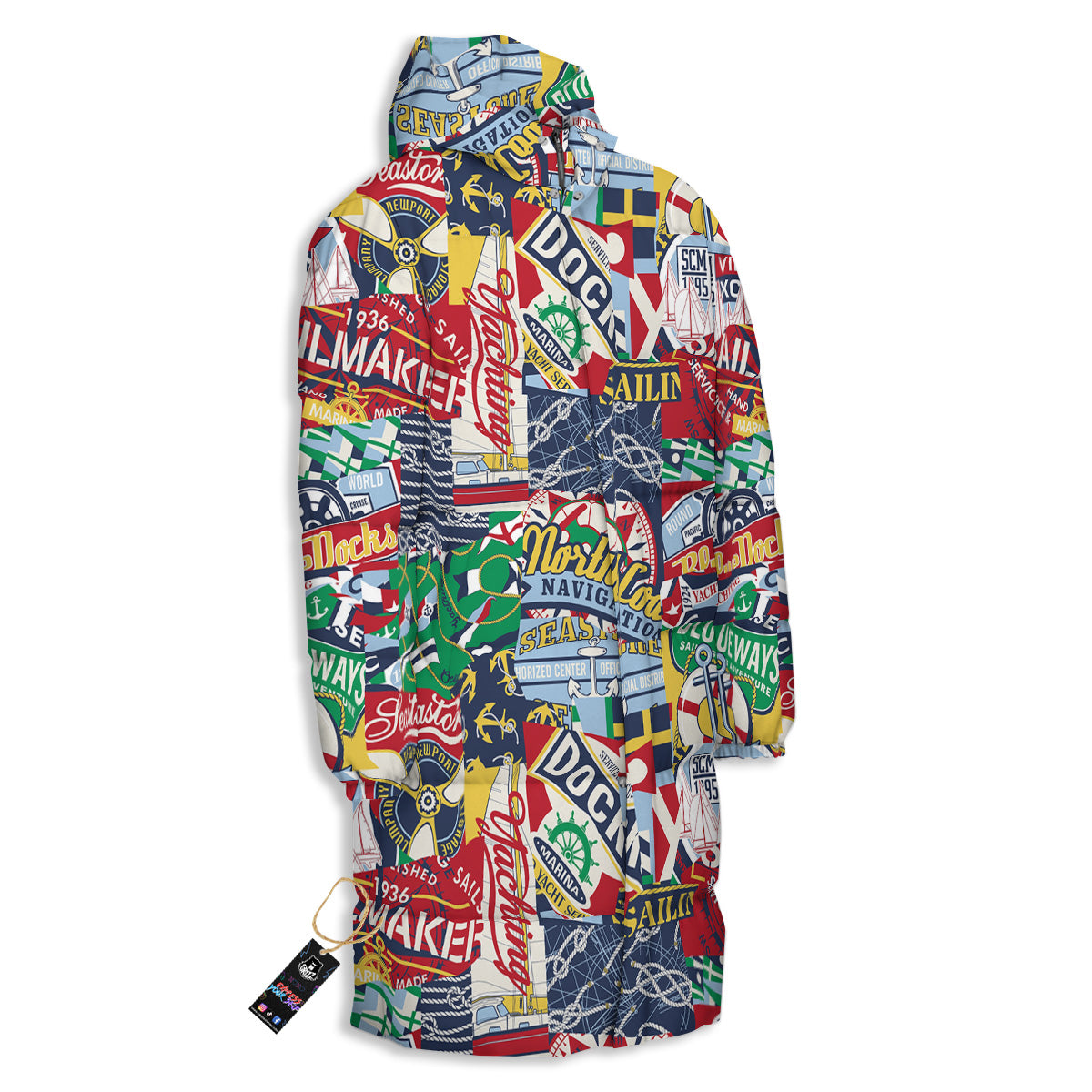 Patchwork Vintage Nautical Print Pattern Long Down Jacket-grizzshop