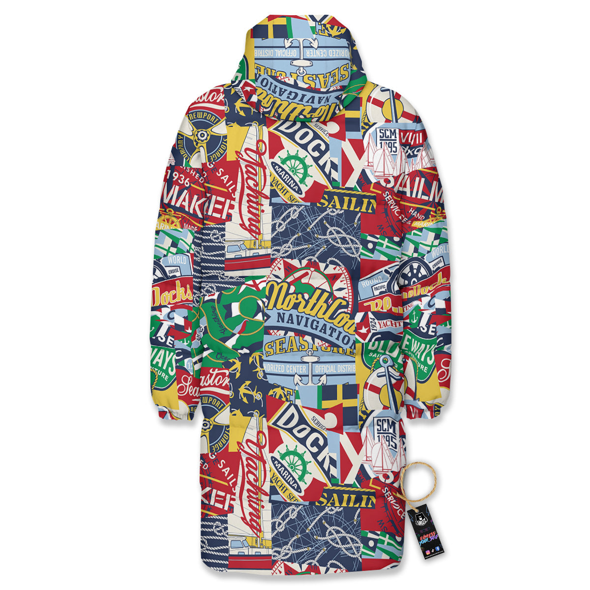 Patchwork Vintage Nautical Print Pattern Long Down Jacket-grizzshop