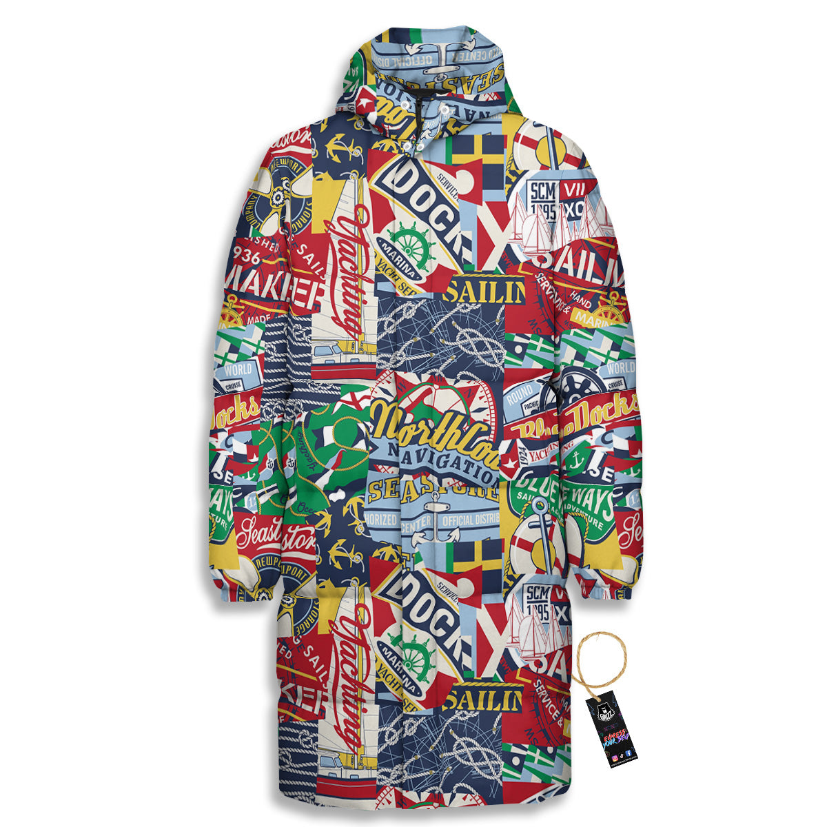 Patchwork Vintage Nautical Print Pattern Long Down Jacket-grizzshop