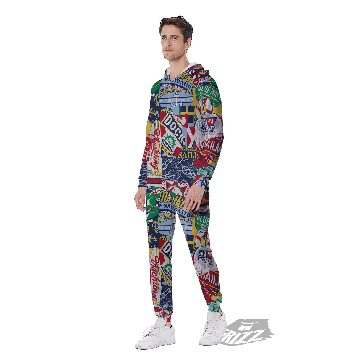 Patchwork Vintage Nautical Print Pattern Men's Jumpsuit-grizzshop