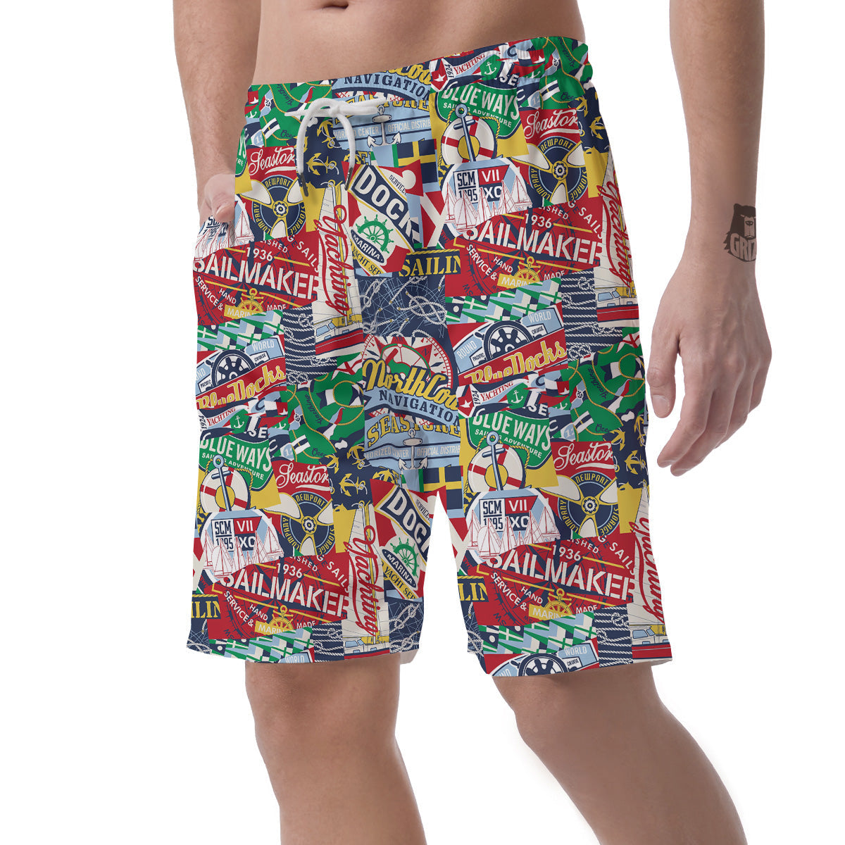 Patchwork Vintage Nautical Print Pattern Men's Shorts-grizzshop