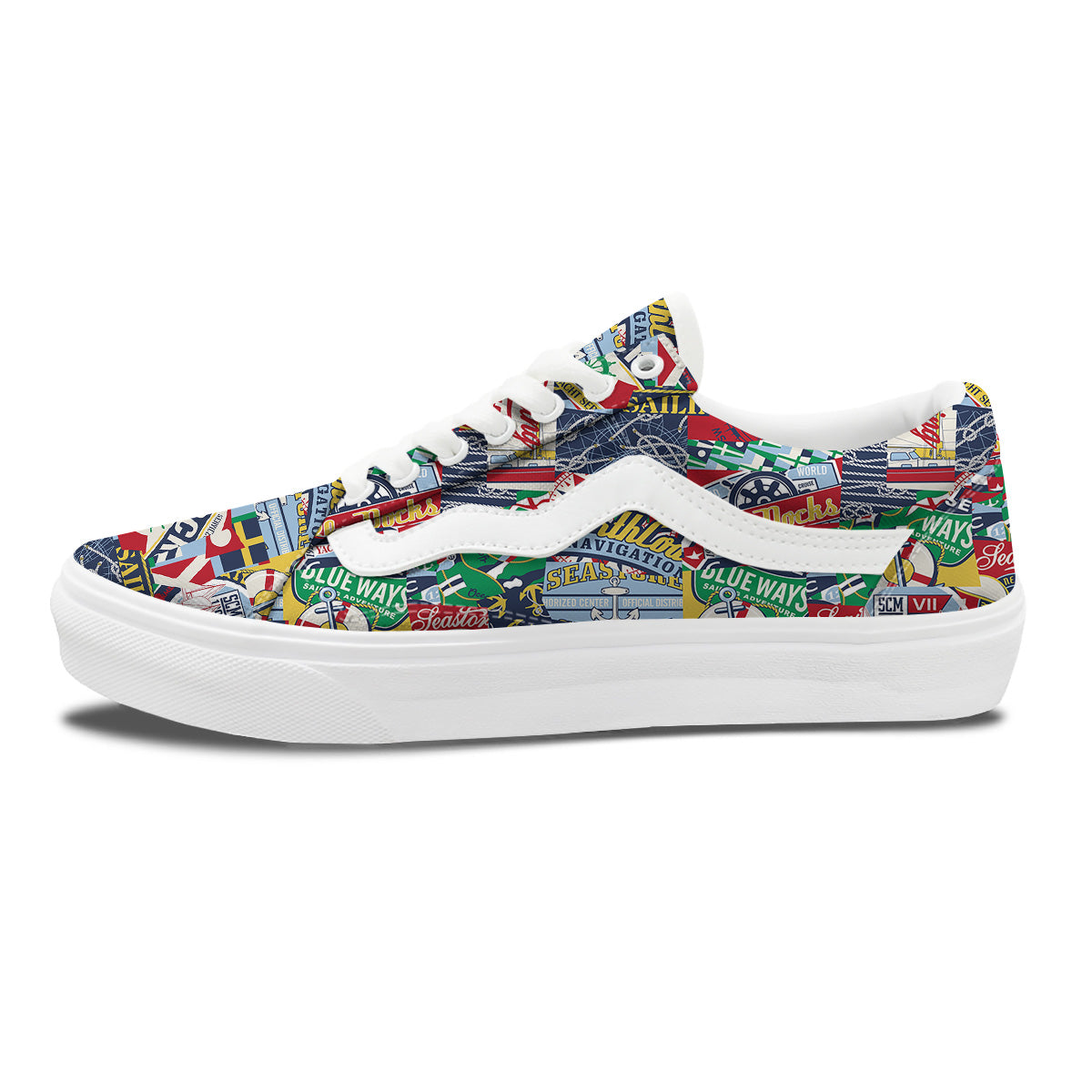 Patchwork Vintage Nautical Print Pattern Skate Shoes-grizzshop