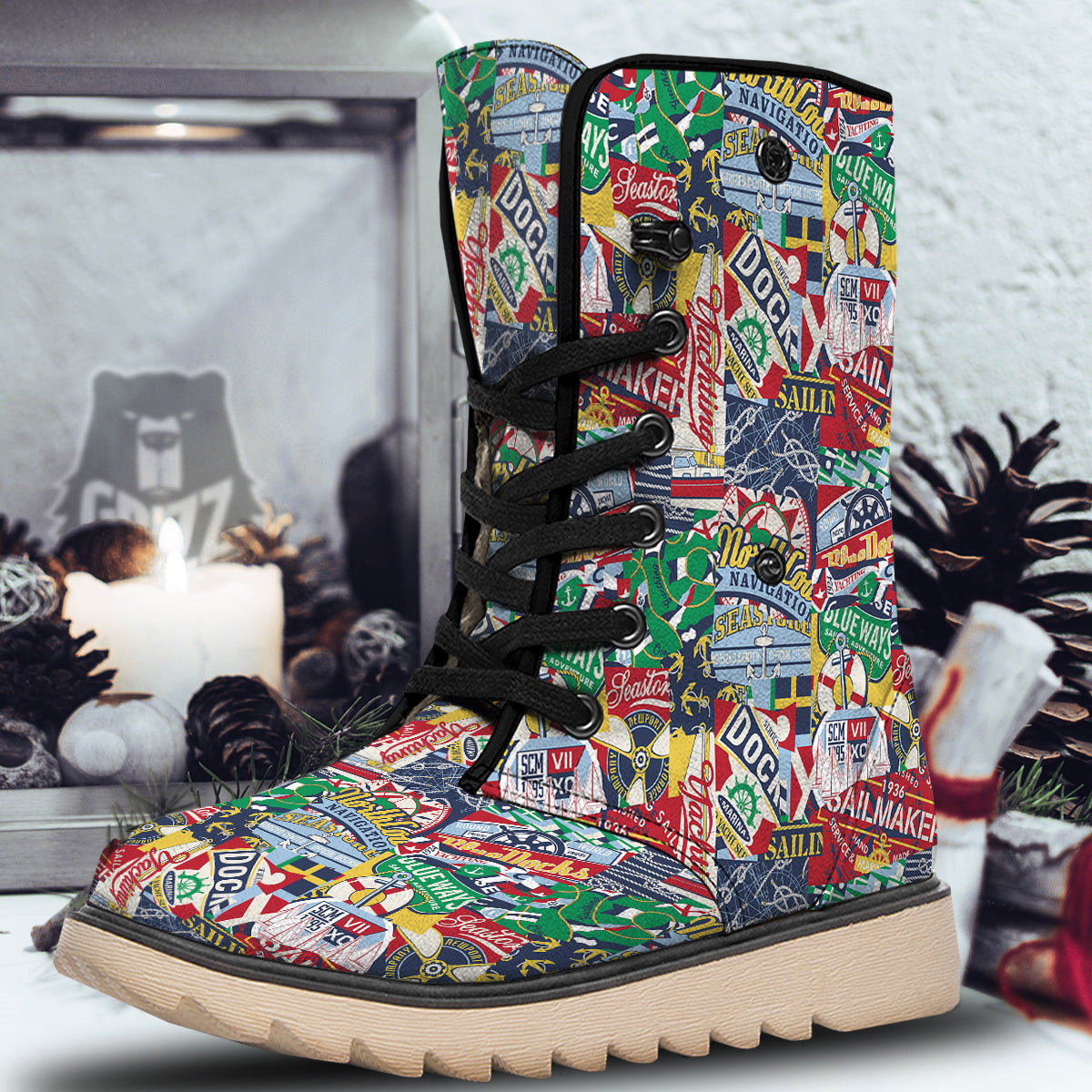 Patchwork Vintage Nautical Print Pattern Snow Boots-grizzshop