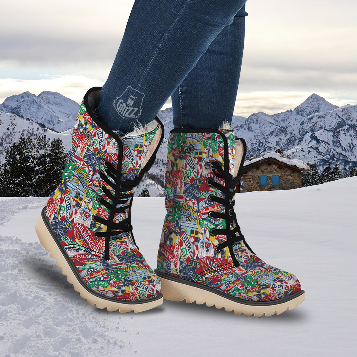 Patchwork Vintage Nautical Print Pattern Snow Boots-grizzshop