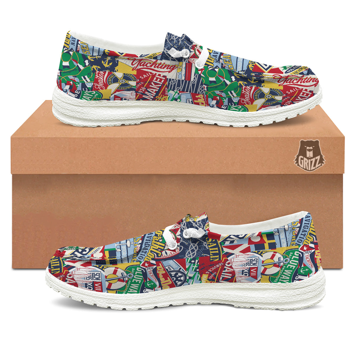 Patchwork Vintage Nautical Print Pattern White Loafers-grizzshop