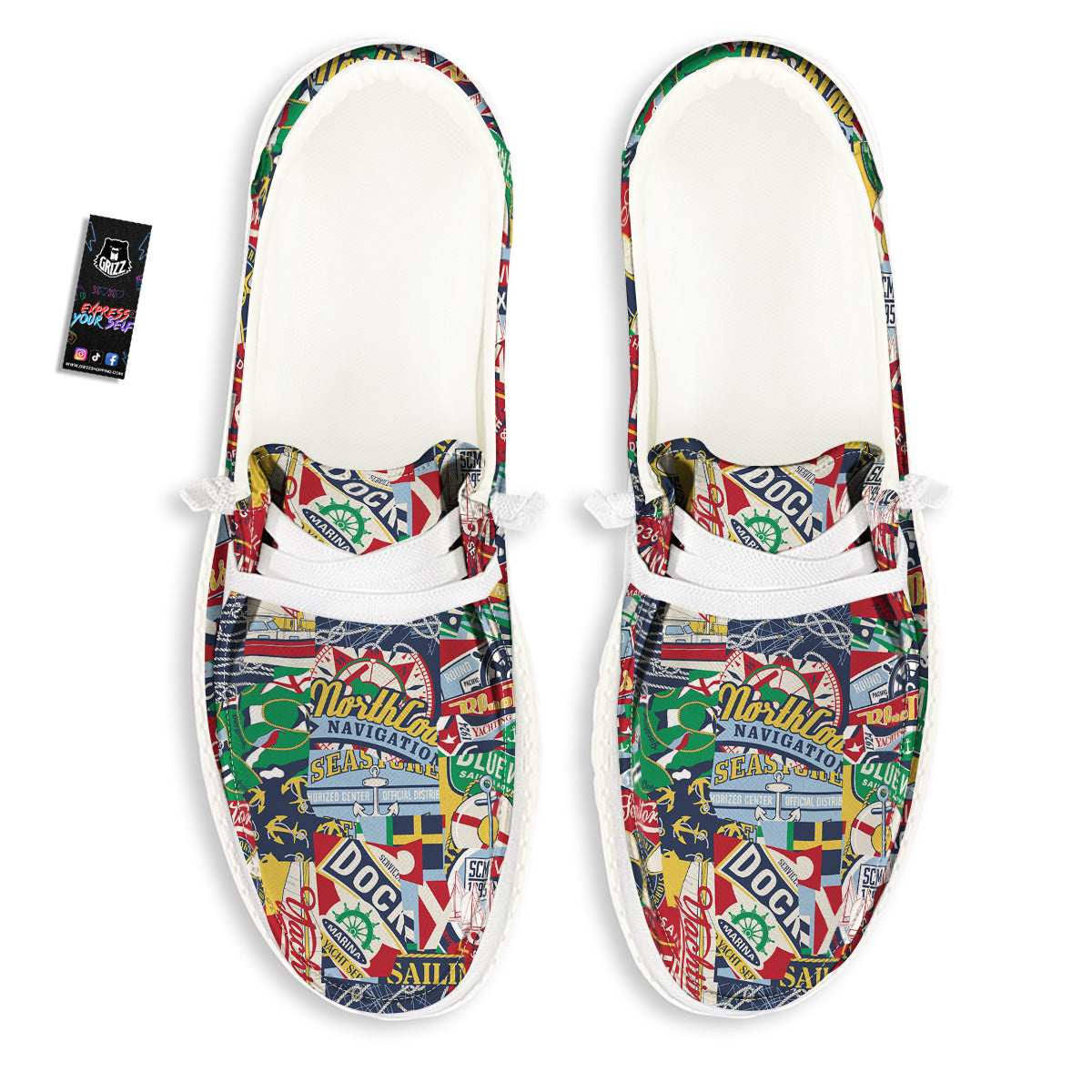 Patchwork Vintage Nautical Print Pattern White Loafers-grizzshop