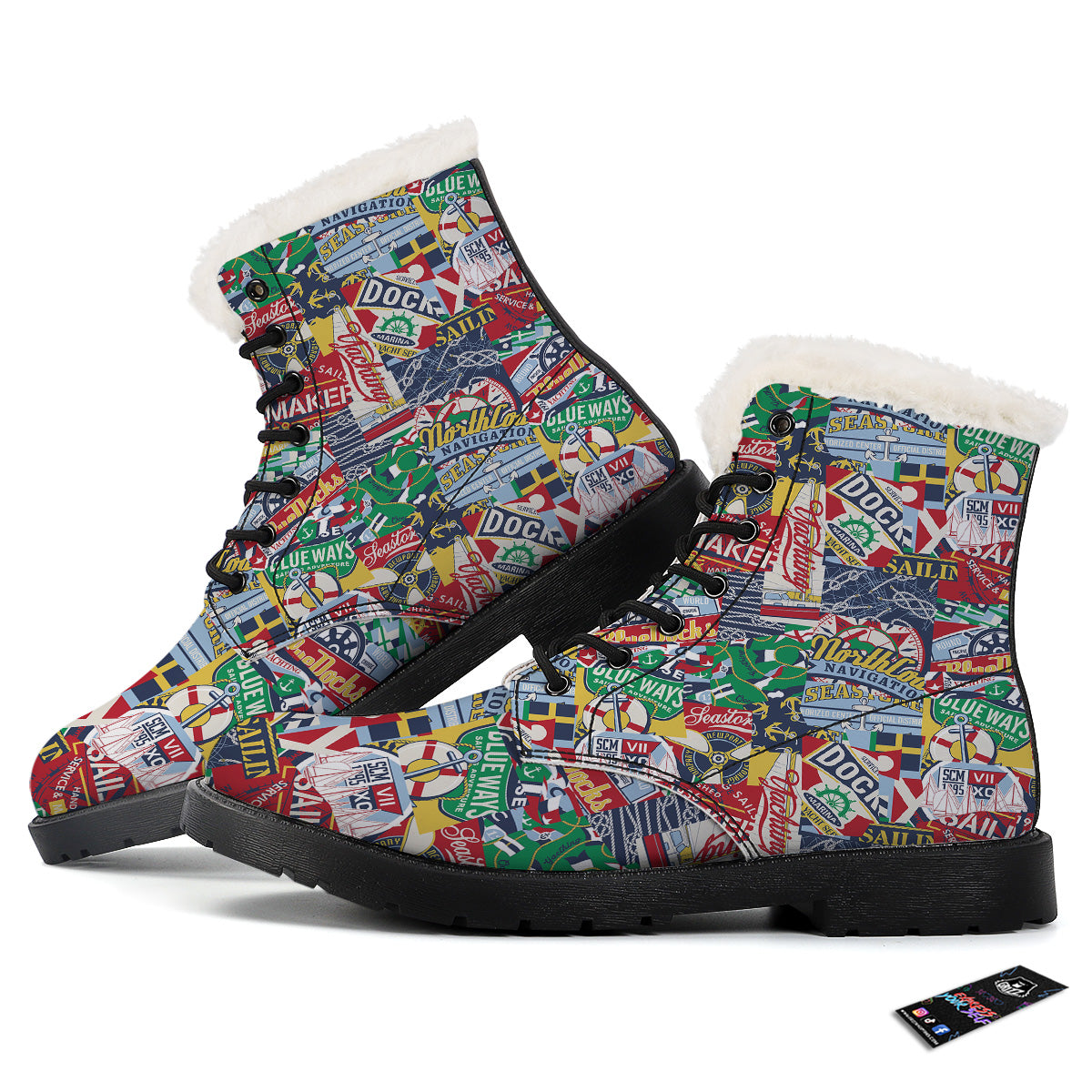 Patchwork Vintage Nautical Print Pattern Winter Boots-grizzshop