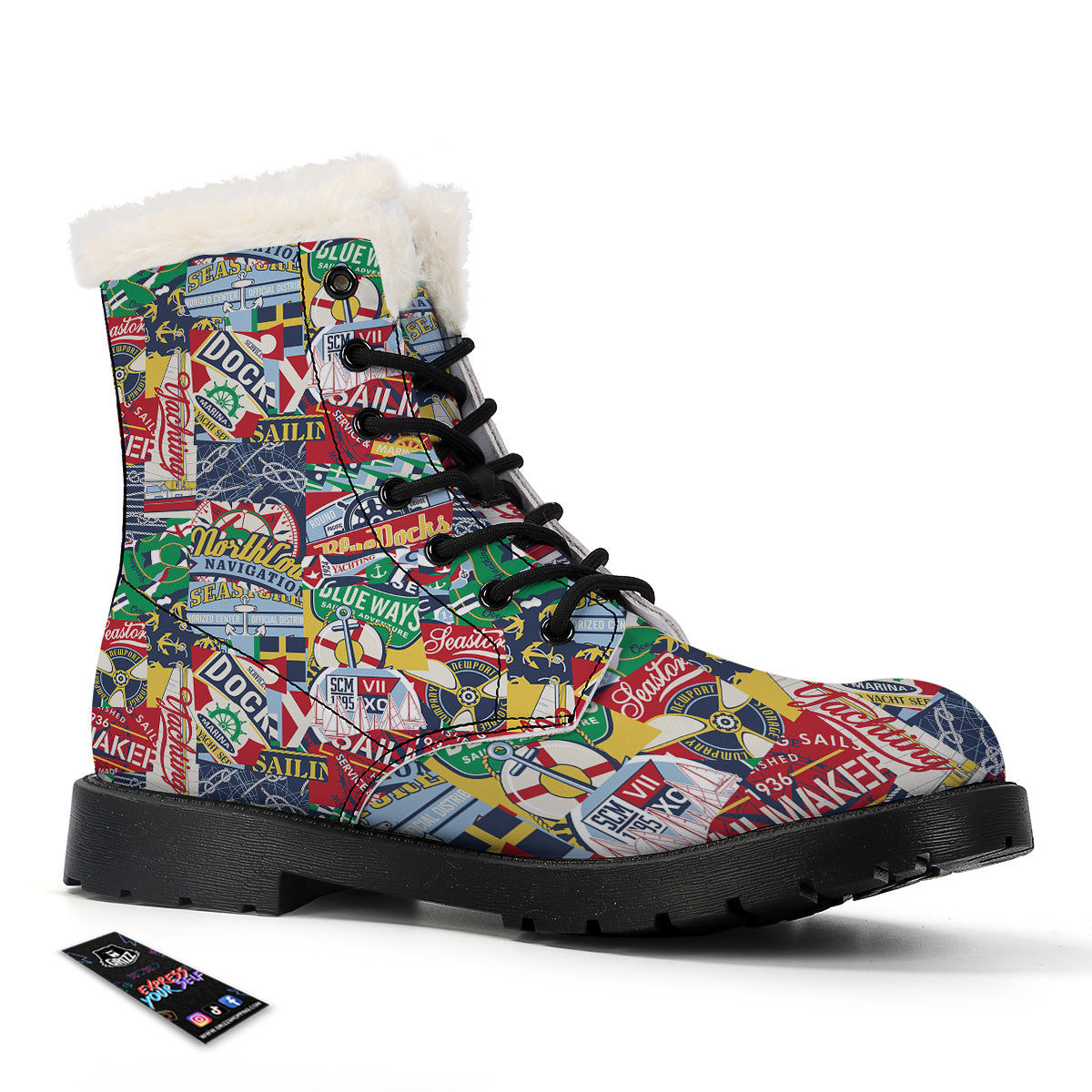 Patchwork Vintage Nautical Print Pattern Winter Boots-grizzshop